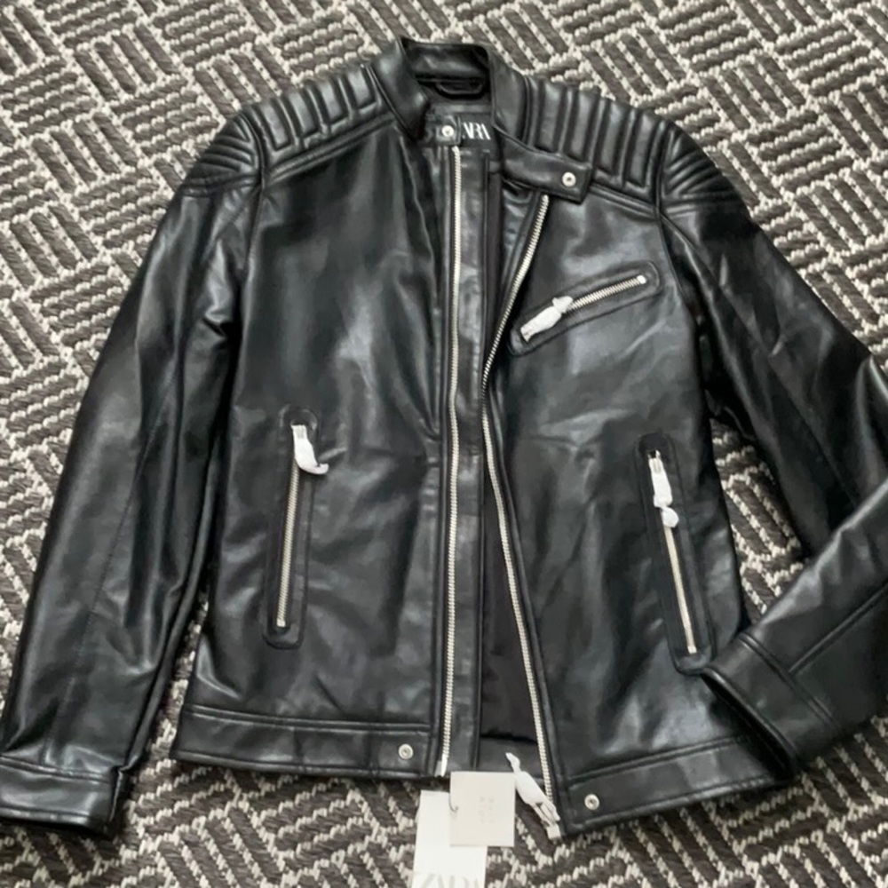 New Zara Men Black Moto Biker Faux Leather Jacket Coat S